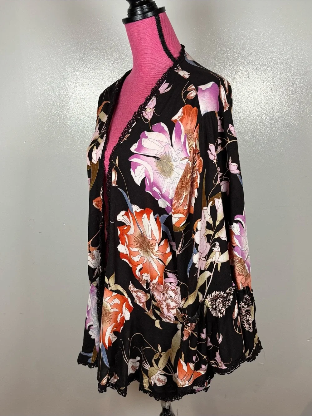 Knox Rose Open Kimono Cardigan Cover Up Sz XL Black Floral Boho 3/4 Bell Sleeve